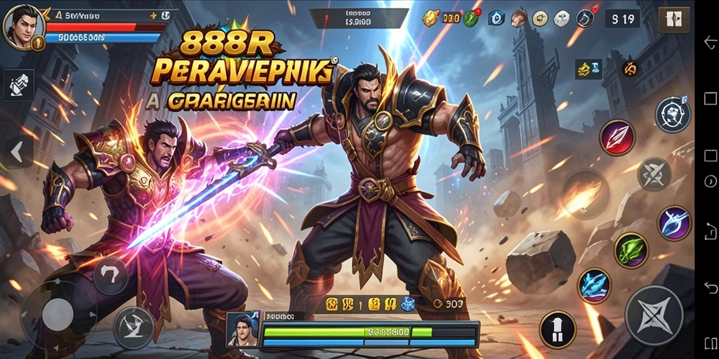 Tampilan aksi seru dari gameplay 888R dengan berbagai karakter bertarung.
