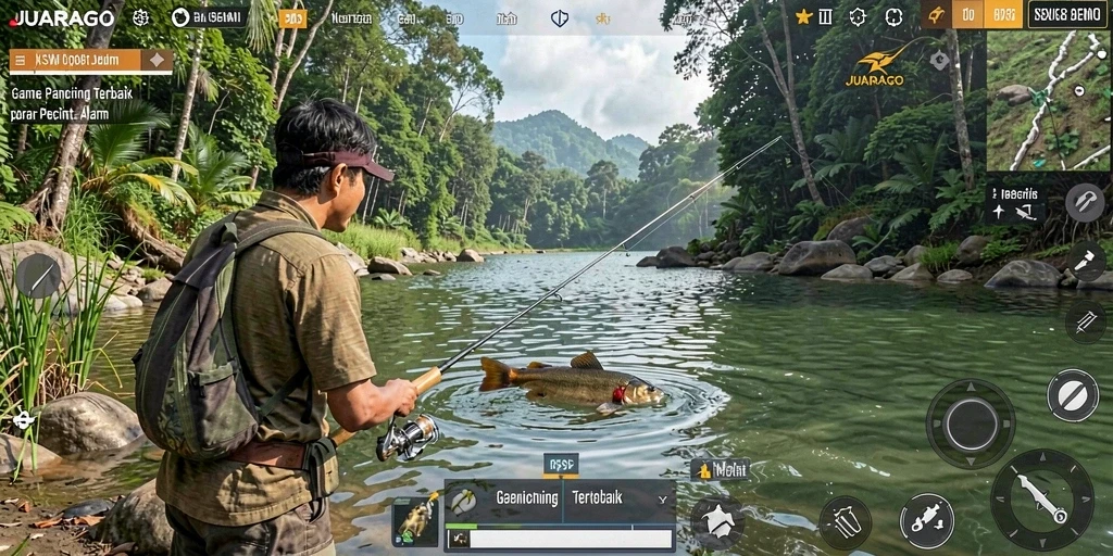 Gameplay JUARAGO yang menampilkan pengalaman memancing yang mendalam.