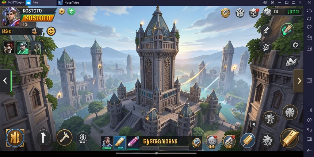 Tampilan menarik dari gameplay KOSTOTO menunjukkan pertarungan menara yang epik.