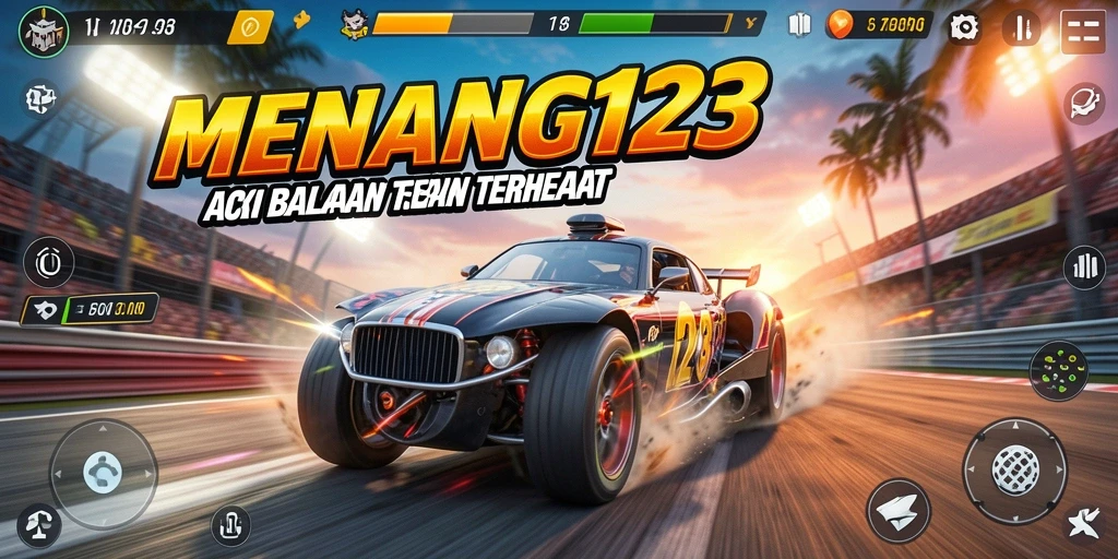 Tampilan layar permainan dengan mobil balap yang bergerak cepat.
