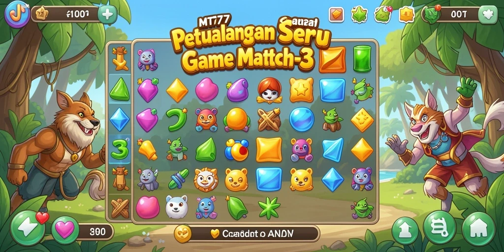 Screenshot gameplay MT777 menunjukkan level Match-3 yang penuh warna.