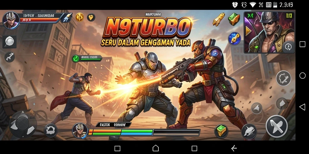 Screenshot N9TURBO menampilkan aksi pertarungan yang menegangkan.