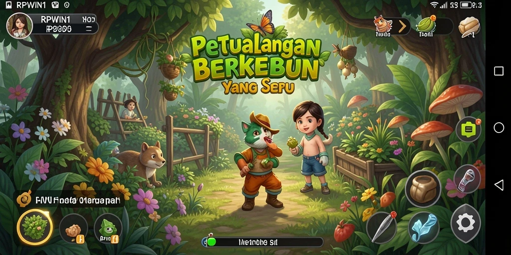 Tampilan gameplay seru di RPWIN1 dengan aktivitas berkebun yang mendalam.