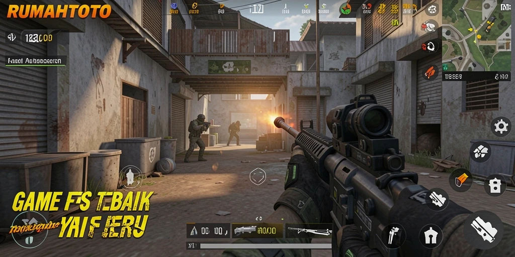 Screenshot RUMAHTOTO menampilkan aksi menembak yang intens dalam game FPS.