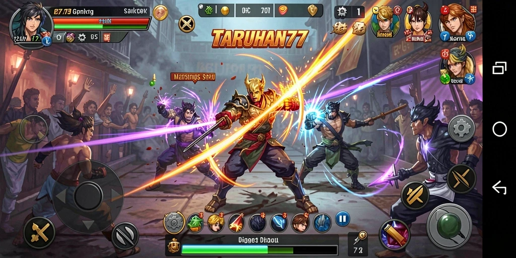 Screenshot gameplay TARUHAN77 menampilkan pertarungan yang mendebarkan dan karakter yang berani.