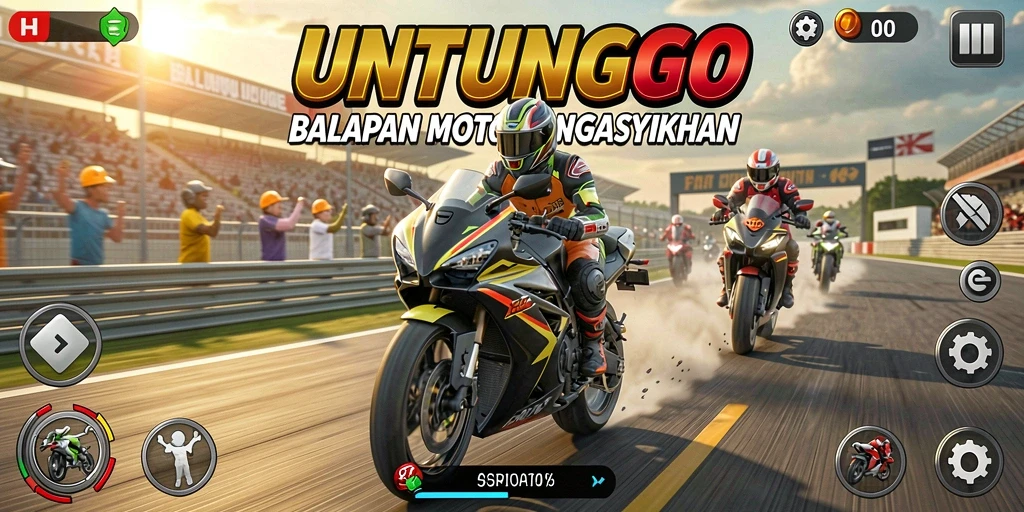 Tampilan gameplay seru dari UNTUNGGO saat balapan motor di trek menantang.